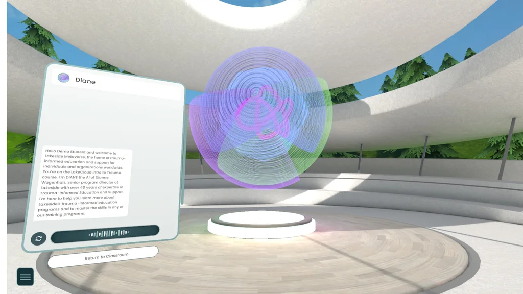Diane AI orb and conversation panel in the immersive classroom