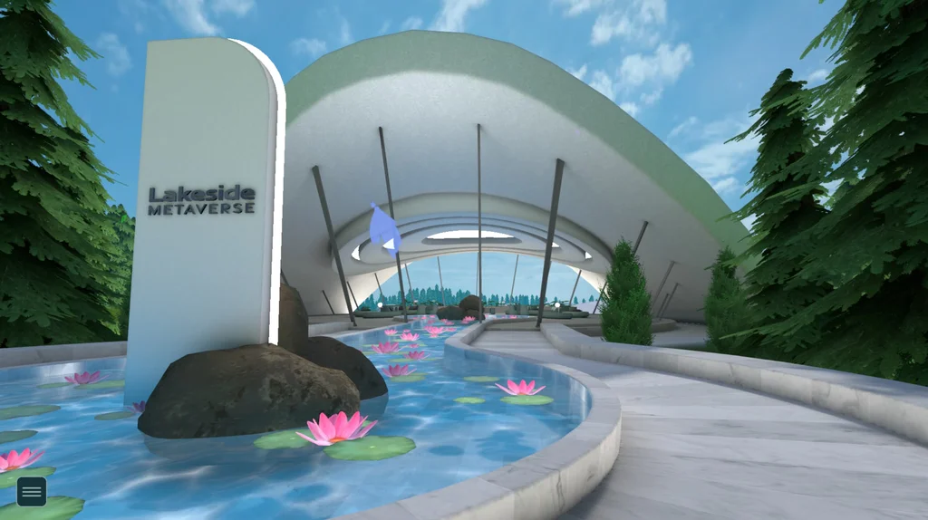 Lakeside Metaverse entrance beside a pond