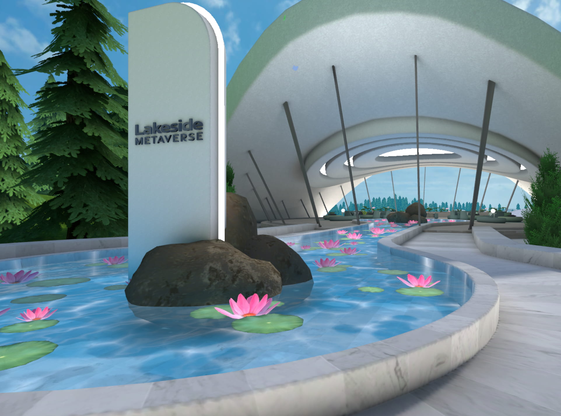 Lakeside Metaverse immersive 3D environment with lily pads and learning space