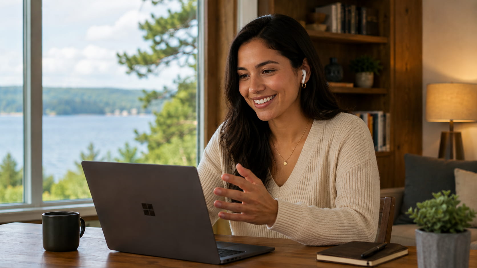 Person learning on a laptop with a lake view in the background
