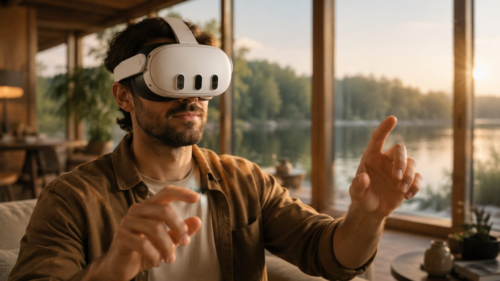 Person wearing a Meta Quest VR headset learning in Lakeside Metaverse