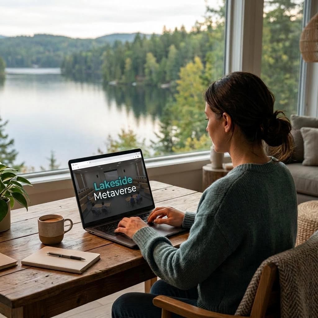 Person using a laptop displaying Lakeside Metaverse branding in a web browser